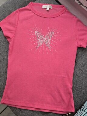 Pink Butterfly Rhinestone Y2k Ribbed Tee